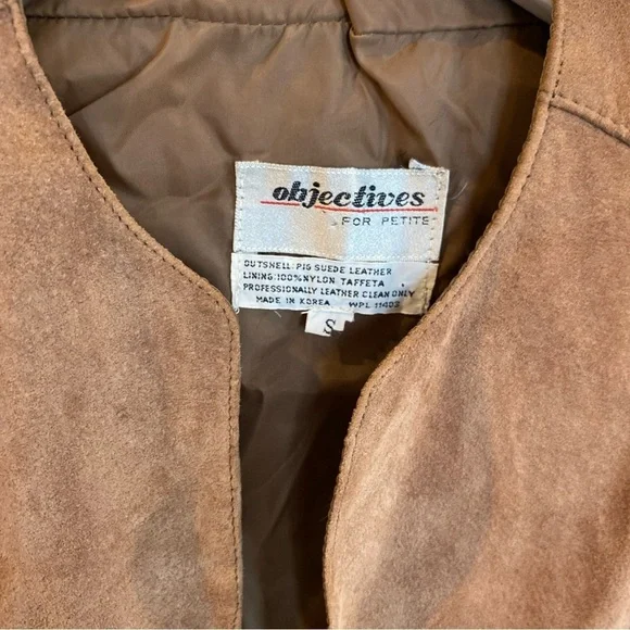 Vintage Objectives For Petites Pig Suede Leather Open Cropped Jacket Brown Small - Picture 3 of 4